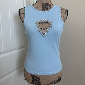 Baby Blue Crystal Heart Cutout Ribbed Tank Top